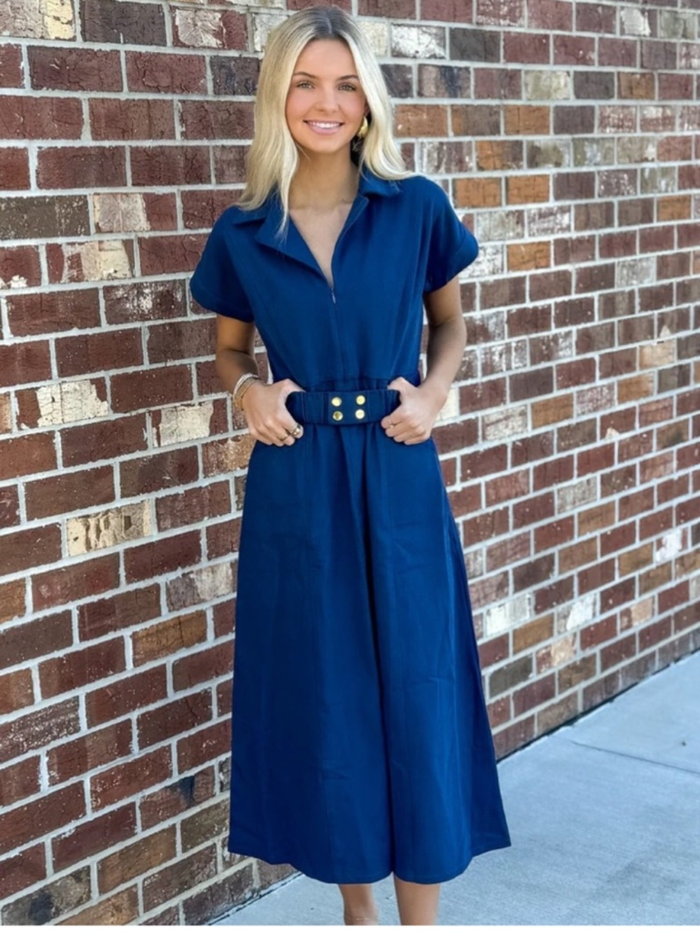 LAROQUE ALY BLUE COTTON TWILL COLLARED BELTED SHORT SLEEVE MIDI DRESS